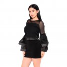 2018 Mesh Ruffl Long Sleeve 2 Piece Set Women Crop Grid Top Pencil mini Skirt Office Ladies Elegant 