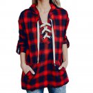 Spring Autumn Ladies Shirt Women Classic Fashion Plaid T-Shirt Bandage Loose Long Sleeve T-Shirt V-n