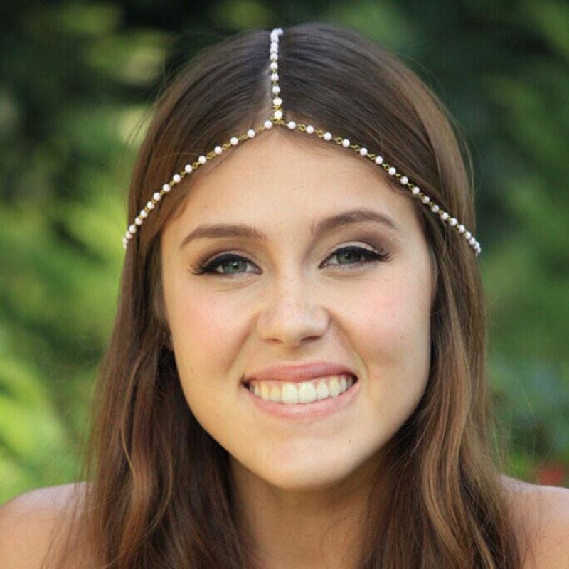 Women Chain Jewelry Headband Head Shiny Piece Hair Band Tassels Pearl