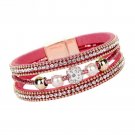 Women Multilayer Bangle Bracelet Crystal Beaded Leather Magnetic Wristband