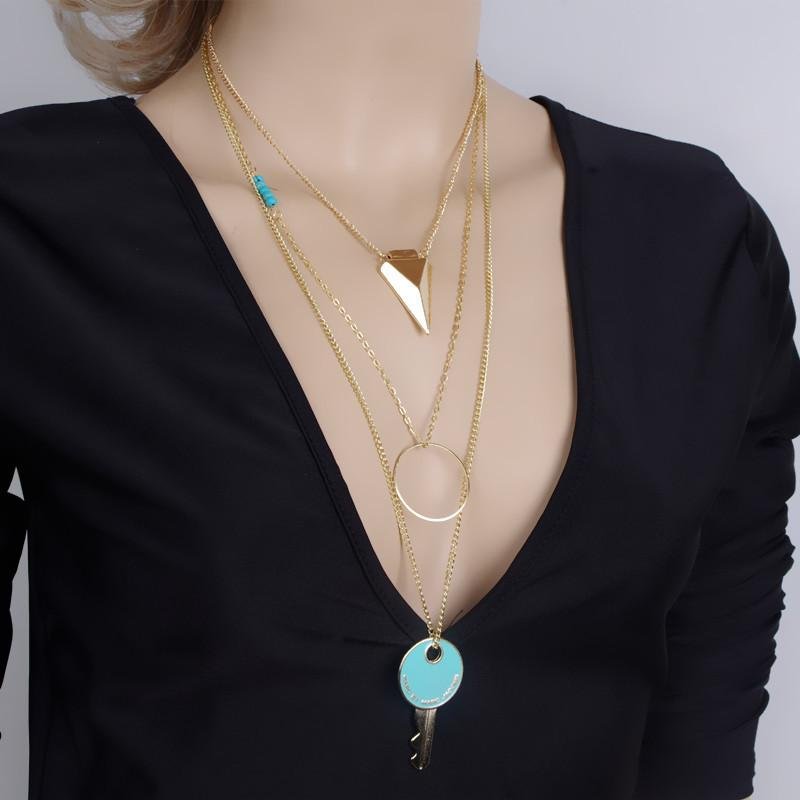 1PC Womens Pierced Multilayer Crystal Pendant Chain Statement Necklace