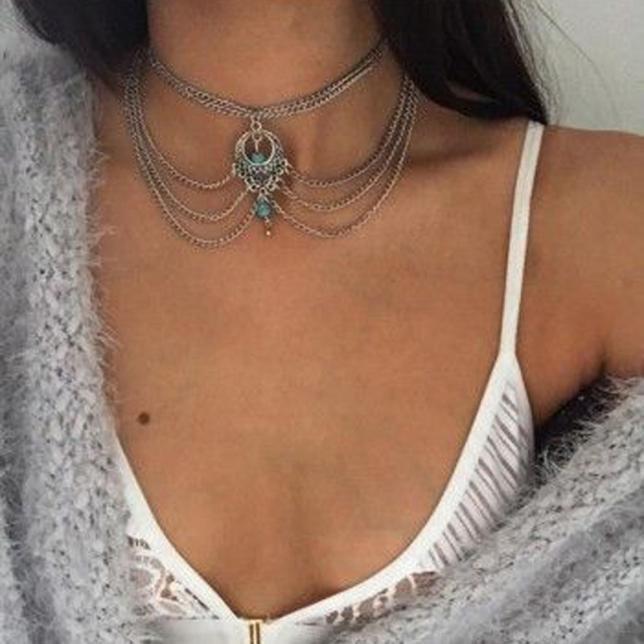 Women Multilayer Turquoise Jewelry Pendant Chain Statement Necklace Tassel