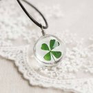 FAMSHIN 2016 Fashion Flower Lockets Necklace Leather Chain Four Leaf Clover Glass Cabochon Wish Bott