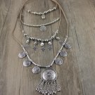 2017 New Arrived Handmade India Silver Coin Pendants Long String Leather necklaces Ethnic Jewelry fo