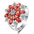 New Women Full Diamond Filed Red Flowers Wedding Engagement Floral Ring
