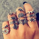 docona Vintage 12 pcs/ set Cactus Elephant Fox Rings Set Bohemia Hollow Bird Lion Shape Carved Midi 