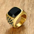 Men Square Black Carnelian Semi-Precious Stone Signet Ring in Gold Tone Stainless Steel for Male Jew