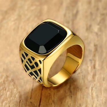 Men Square Black Carnelian Semi-Precious Stone Signet Ring in Gold Tone Stainless Steel for Male Jew