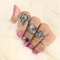 Docona 10pcs/Set Vintage Antique Silver Color Opals Elephant Knuckle Midi Finger Rings Sets for Wome