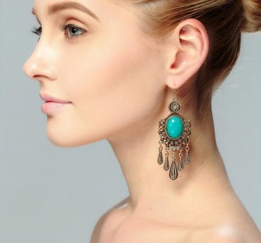 Retro Aulic Drop Tassel Blue Stone Drop Earrings Dangle Earring Women Ethnic Tribal Festival Jewelry