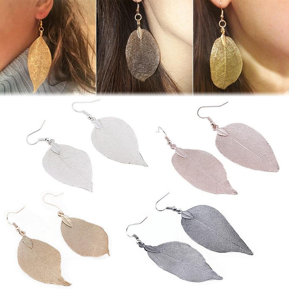 1 Pair Fashion Women Lady Long Natural Metal Leaf Hollow Shape Pendant Earrings Leaves Romance Dangl