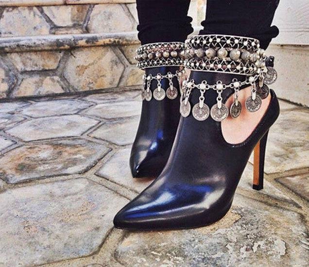 Retro Bohemian Moon Lovers Turkish Coin Silver Antalya Anklet Gypsy Beachy Coachella Tassels vintage