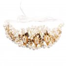 Crystal Rhinestones Faux Pearl Golden Leaves Flower Crown Tiara Headband for Wedding Bridal Bridesma