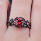 Fashion Flower Shiny Red Ring Red Garnet Women Charming Engagement Jewelry Black Gold Filled Promise