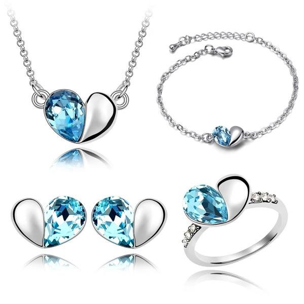 Wholesale Crystal Jewelry Sets Cute Heart Pendants Necklaces Stud Earring, Ring And Bracelet Bangles