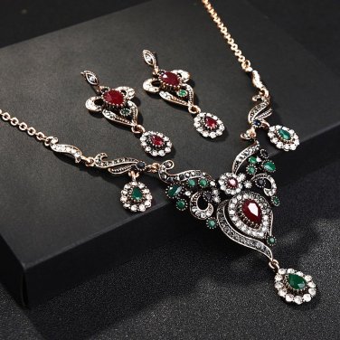 Turkish Flower Necklace Earring Sets Red Pendants Chains Resin Choker Vintage Women Wedding indian A