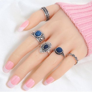 Bohemian Vintage Auspicious clouds Blue Crystal Rings 5pcs/set   circle Midi Rings Set of Rings for 