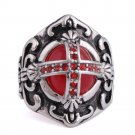 Vintage Punk Ring Unique Carved Antique Silver Cross with Red Crystal Lucky Rings for Women Boho Bea