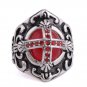 Vintage Punk Ring Unique Carved Antique Silver Cross with Red Crystal Lucky Rings for Women Boho Bea