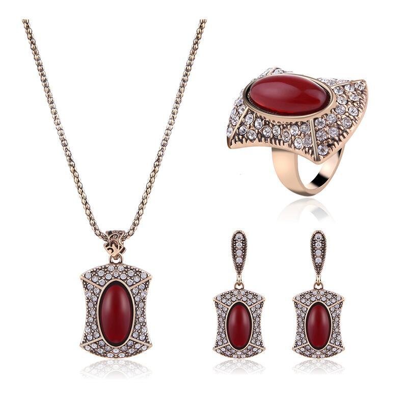 Vintage Suit Turkish Jewelry Red Gem Crystal Earrings Necklace Ring For Women Nigerian Wedding Afric
