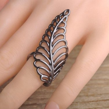 Blucome Brand Hollow Flower Leaf Shaped Rings Black Gun Plated Long Rings Retro Vintage Leaf Ring Fo