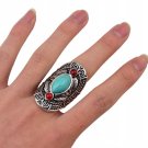Bohemian Ethnic Tibet Design Red Green Gem Stone Big Beachy Boho Joint Ring Punk Carving Leaf Big Ri