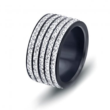 Black Gun Plated Stainless Steel Engagement Jewelry 5 Row Crystal Wedding Rings