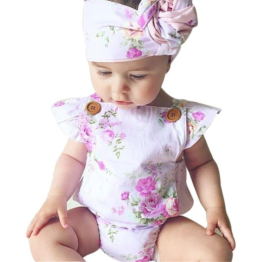 Summer 2017 Cute Infant Baby Girls Floral Sleeveless Romper +Headband Summer One-pieces Rompers Suns