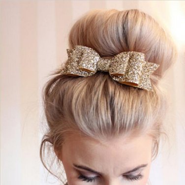 Pale Gold Glitter Bow Hair Clip for Girl and Women Barrettes Sequin Girls Bow Clip Hair Pin Luxury G