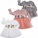 Toddler Baby Girls Dress Long Sleeve Flower Pink Gray White Dresses Autumn Round Neck Lace Princess 