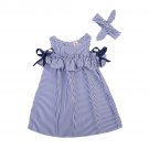Hot Summer Toddler Kids Baby Girls Clothes Blue Striped Off-shoulder Party Gown Formal Dress