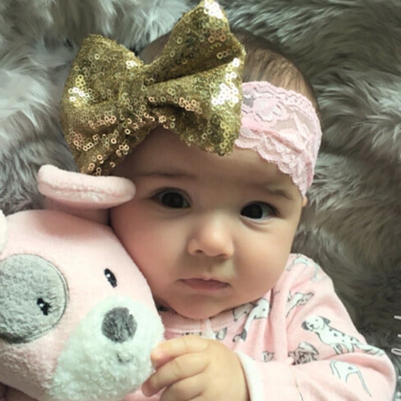 2017 NEW Chic Bow with Lace Headband Big Bow Lace Headband Newborn Girl Headband Kids Sequin Headwea