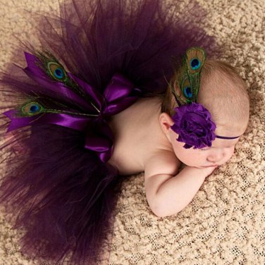 Princess Plum Peacock Feather Tutu Skirt with Vintage Headband Newborn Photography Props Baby Tutu S