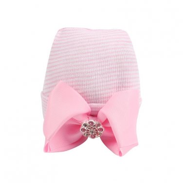 Cute Bow Girls Hat Cotton Pink Baby Girl Caps Striped Tire Cap With Rhinestones Newborn Girl Beanies