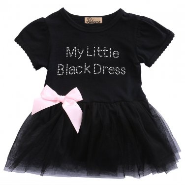 Black Bow Short Sleeve O-Neck Cotton Summer Baby Toddler Top Bow-knot Plaids Dress Outfit Kids Cotto