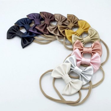 Cute Bebe Girl Leather Bow Nylon Headband with Super Soft Elastic Stretch Head Band Kid Tiny Hair Bo
