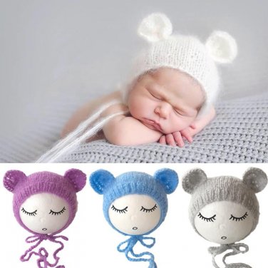 Newborn Mohair Ear Bear Hat Bonnet Baby Infant  Photography Props Cap Gorro Bebe Handmade Knitted Ha