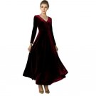 Autumn Winter Women Lady Sexy V Neck Velvet Long Sleeve Dress Party Prom Maxi Dress High Waist Femal