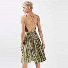 Vintage V-neck Velvet Women Front Hollow Out Backless Shoulder Strap Ladies Solid Pleated  Dress