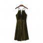 Vintage V-neck Velvet Women Front Hollow Out Backless Shoulder Strap Ladies Solid Pleated Dress