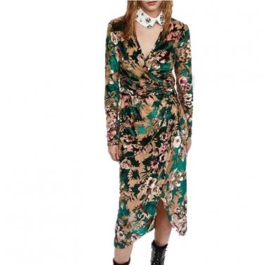 One-piece Spring Bodycon Autumn Kimono Elegant Velvet Prints Floral V-neck Belt Irrregular Vintage S