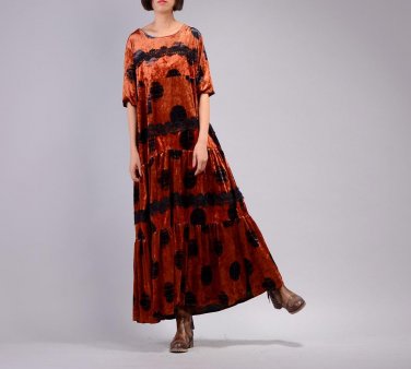 [OL] 2017 Autumn Spring New Lace Patchwork Dot Dress Velvet Maxi Dresses Vintage Loose Casual Women\