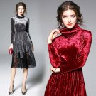 2018 Spring New Arrive Women Vintage Elegant Velvet Lace Patchwork Long Sleeve Dresses Sexy Party Dr