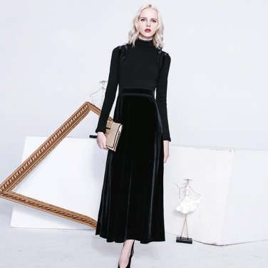 Vintage Designer Dresses High Quality Long Sleeve Ankle-Length Velvet Empire Black 2017 Autumn Winte