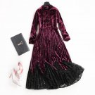 Velvet long sleeve dress turtleneck pleated dresses patchwork lace midi women fashion new 2017 autum