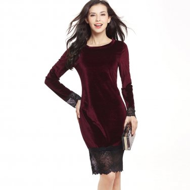 Bodycon Lace Patchwork Velvet Dress Elegant Women Autumn Evening Party Dresses Long Fashion Slim She