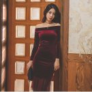 2018 Spring Party Office Dresses for Women Burgundy Bodycon Vintage Velvet Dresses Slash Neck Long S