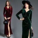 Burgundy Velvet Maxi Dress Womens Autumn Party Dresses Deep V Neck Long Sleeves Dresses Side Slit Fe
