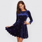 2018 Fashion Pearl Beading Scalloped Velvet Dress Women Royal Blue Long Sleeve A Line Dress Zipper B