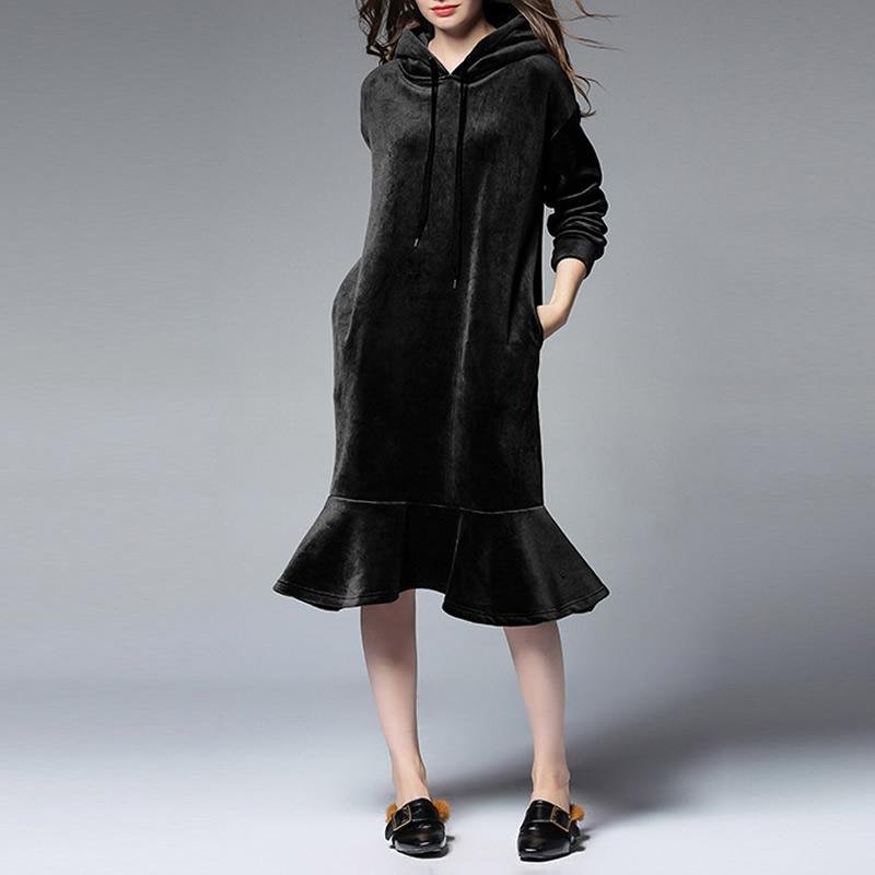 Plus size Winter Dress 2017 New Women Long sleeve Hooded Thick Velvet Casual Loose Mermaid Midi Dres
